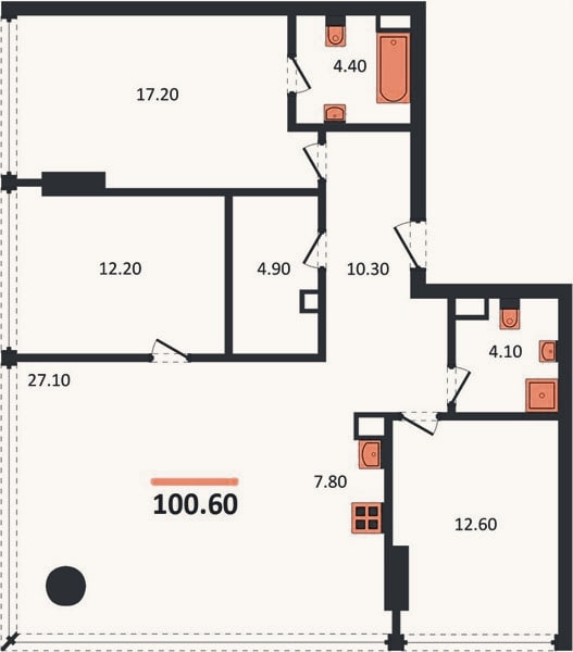 Планировка: 3-к, 100,6 м²