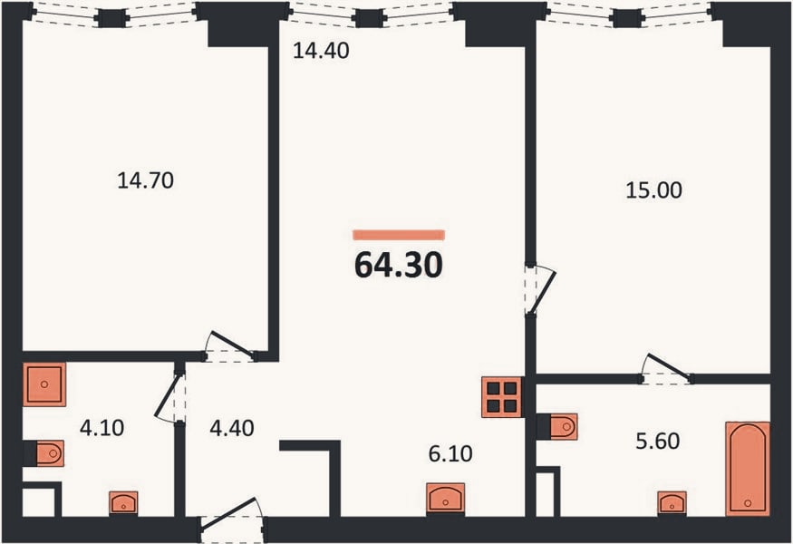 Планировка: 2-к, 64,1 м²