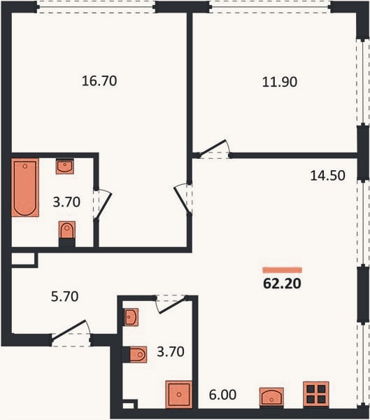 Планировка: 2-к, 62,2 м²