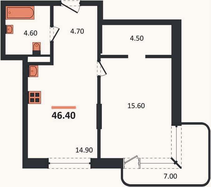 Планировка: 1-к, 46,4 м²