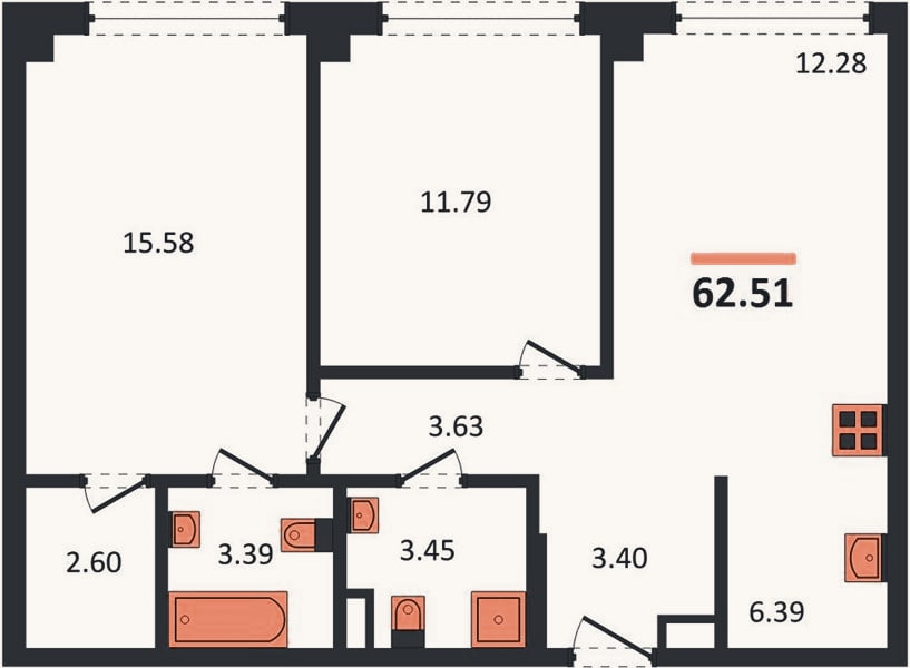 Планировка: 2-к, 62,5 м²