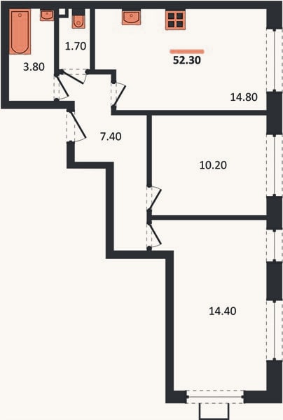 Планировка: 2-к, 51,1 м²