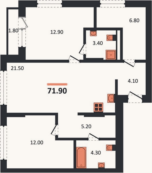 Планировка: 2-к, 71,9 м²