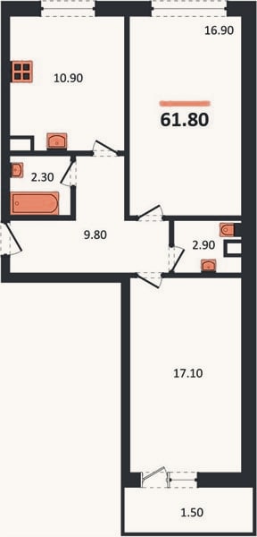 Планировка: 2-к, 61,4 м²