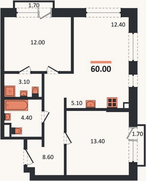 Планировка: 2-к, 60 м²