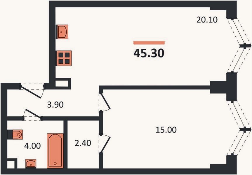 Планировка: 1-к, 45,3 м²