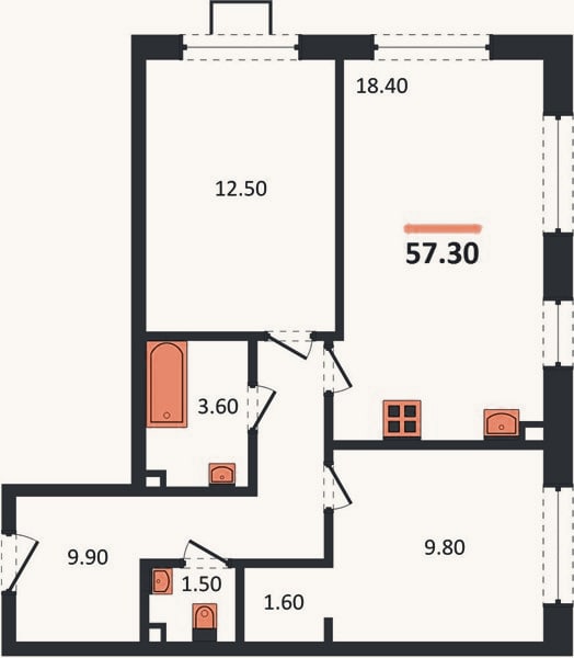 Планировка: 2-к, 57,3 м²