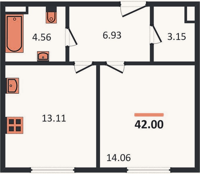 Планировка: 1-к, 42 м²