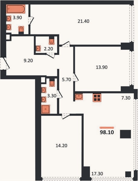 Планировка: 3-к, 98,1 м²