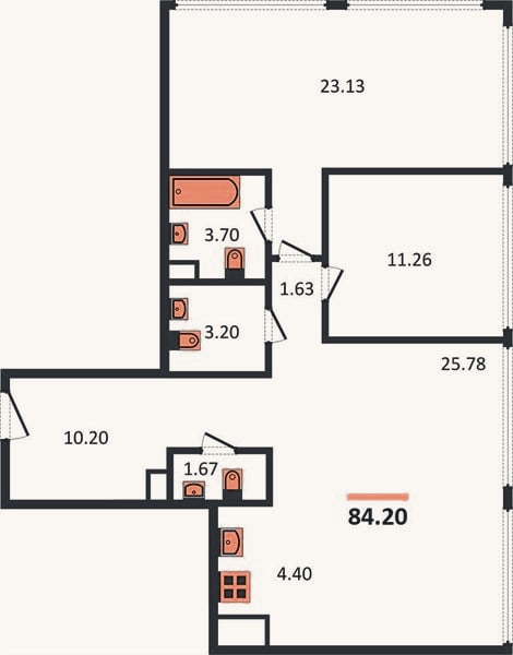 Планировка: 2-к, 84,2 м²