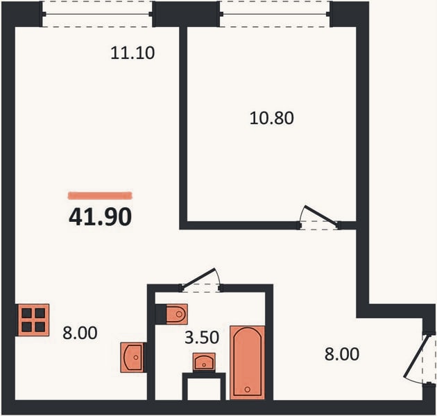 Планировка: 1-к, 41,9 м²