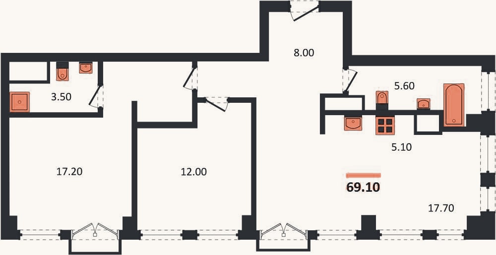Планировка: 2-к, 69,1 м²