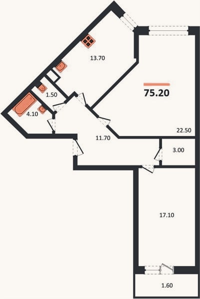 Планировка: 2-к, 75,2 м²