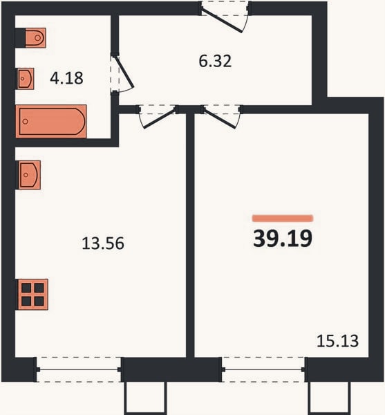 Планировка: 1-к, 39,2 м²