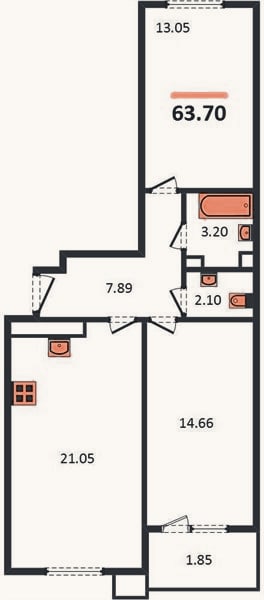 Планировка: 2-к, 63,7 м²