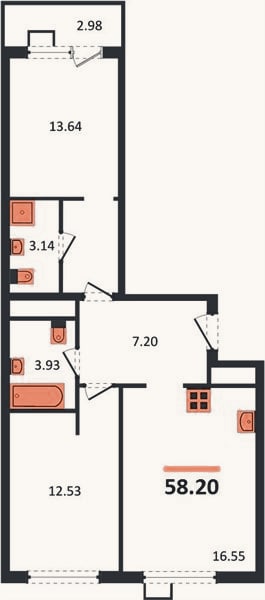 Планировка: 2-к, 58,2 м²