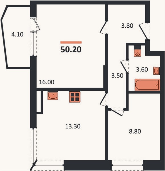 Планировка: 2-к, 50,2 м²