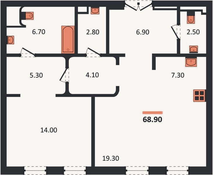 Планировка: 1-к, 68,9 м²