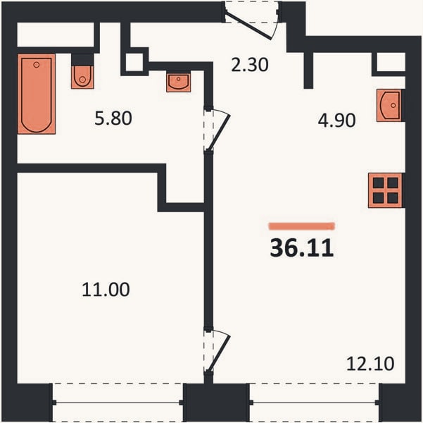 Планировка: 1-к, 36,1 м²
