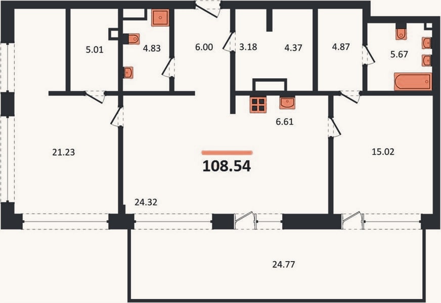 Планировка: 2-к, 108,5 м²
