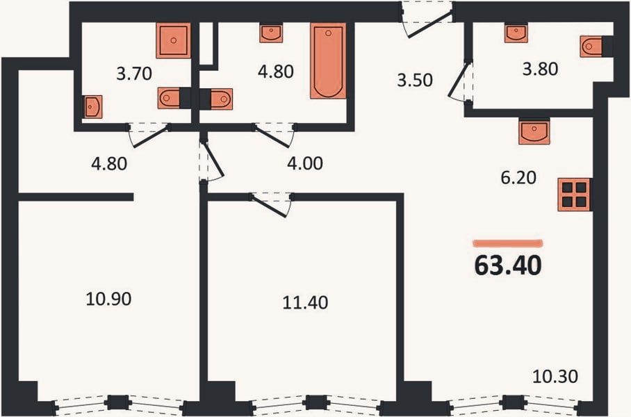 Планировка: 2-к, 63,4 м²