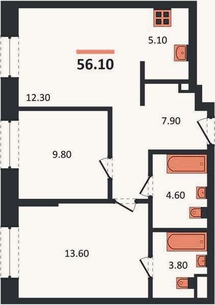 Планировка: 2-к, 56,1 м²