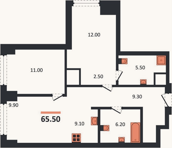 Планировка: 2-к, 65,5 м²