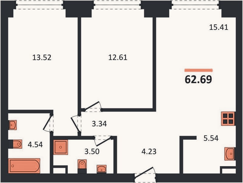 Планировка: 2-к, 62,7 м²