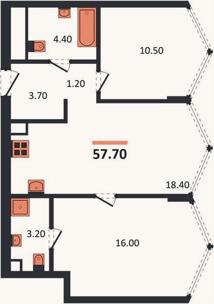 Планировка: 2-к, 57,7 м²
