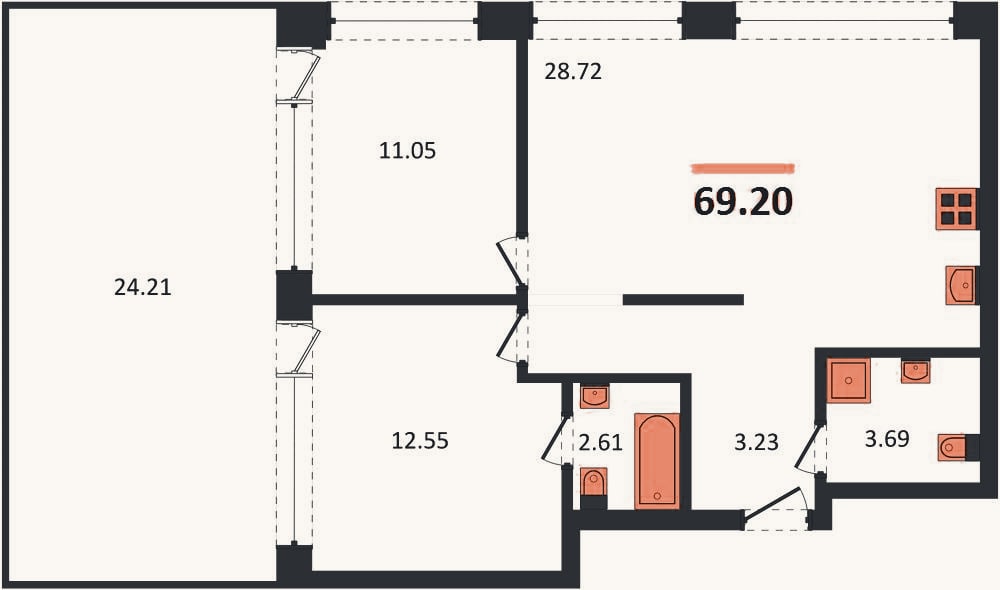 Планировка: 2-к, 69,2 м²