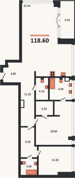 Планировка: 2-к, 118,6 м²