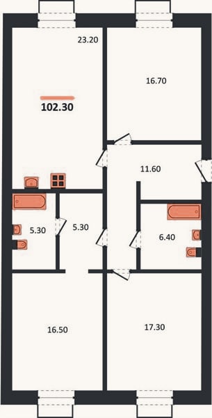 Планировка: 3-к, 102,3 м²