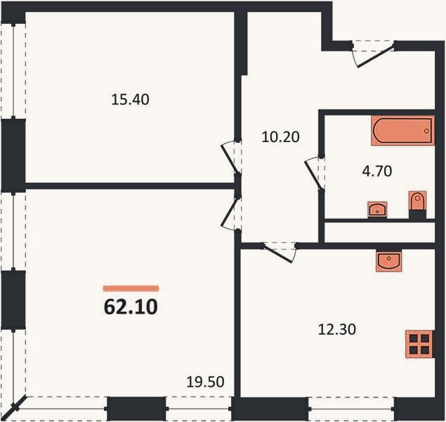 Планировка: 2-к, 62,1 м²