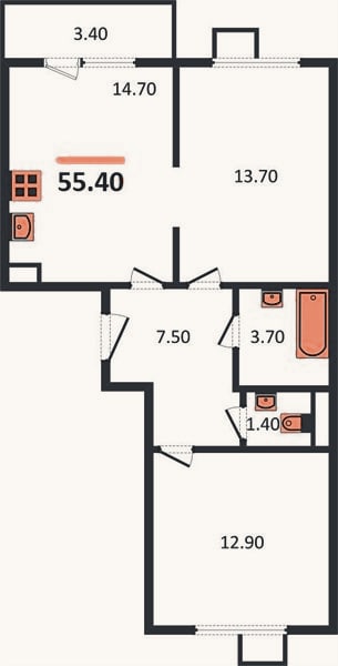 Планировка: 2-к, 55,4 м²