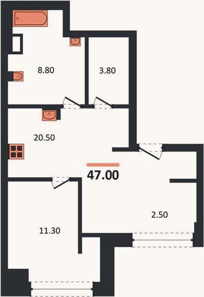 Планировка: 1-к, 47 м²