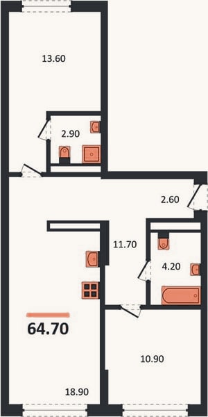 Планировка: 2-к, 64,7 м²