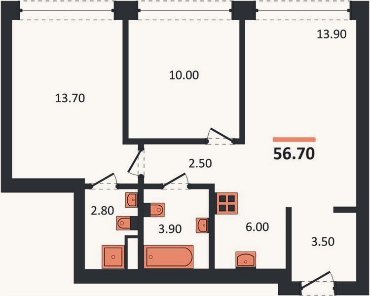 Планировка: 2-к, 56,7 м²