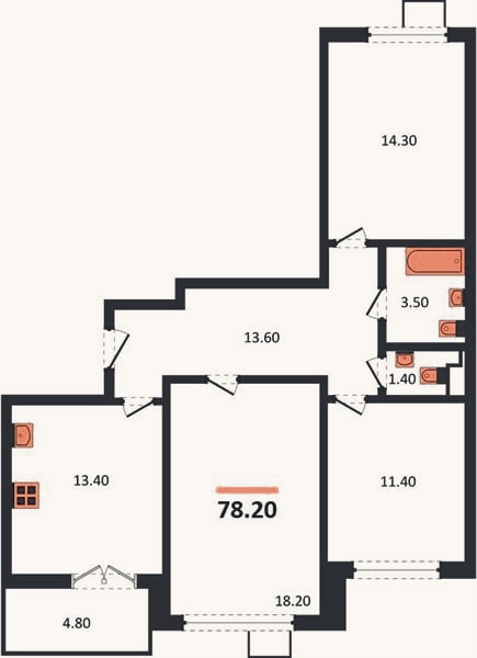 Планировка: 3-к, 78,2 м²