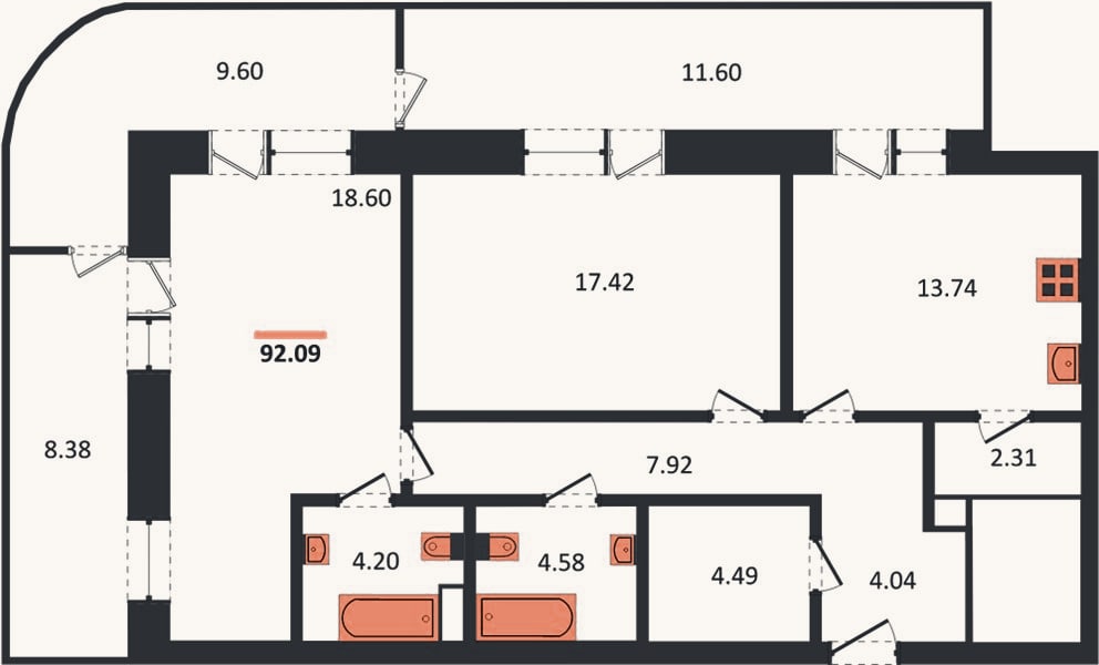 Планировка: 2-к, 92,9 м²