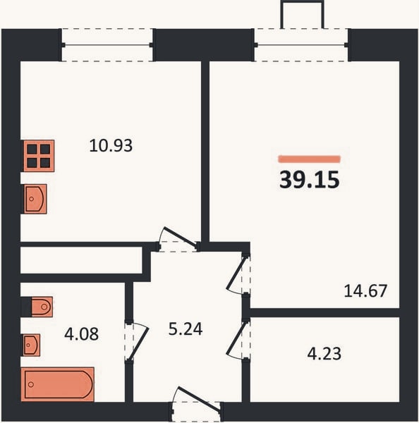 Планировка: 1-к, 39,2 м²