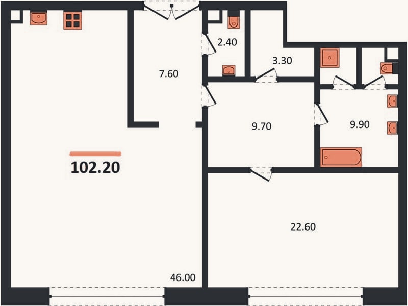 Планировка: 1-к, 102,2 м²