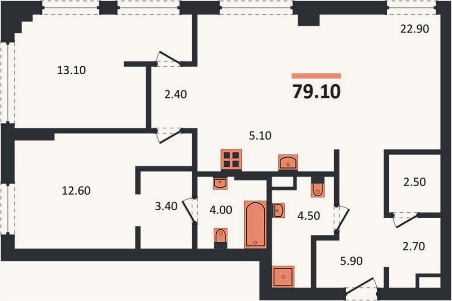 Планировка: 2-к, 79,1 м²