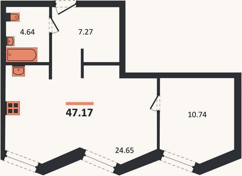 Планировка: 1-к, 47,2 м²