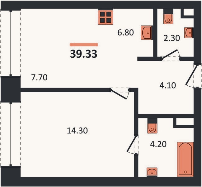 Планировка: 1-к, 39,3 м²
