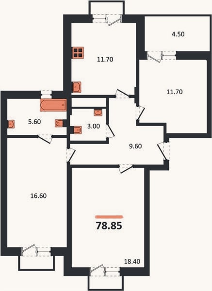 Планировка: 3-к, 78,9 м²