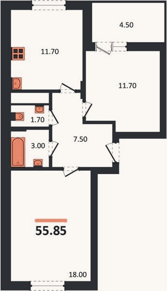 Планировка: 2-к, 55,9 м²