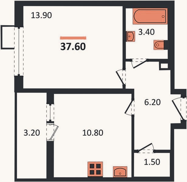 Планировка: 1-к, 37,6 м²