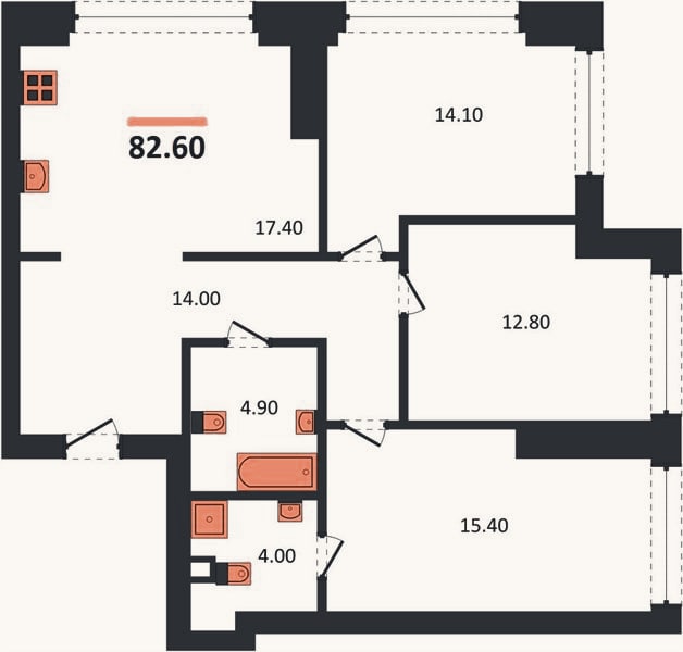 Планировка: 3-к, 82,6 м²