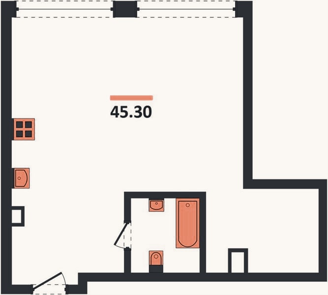 Планировка: 1-к, 45,3 м²