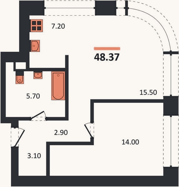 Планировка: 1-к, 48,4 м²